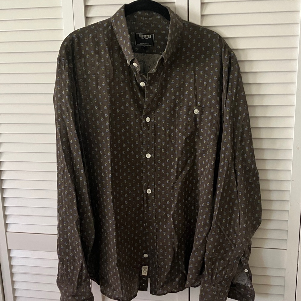 Todd Snyder Brown Button-Down Shirt with Micro Blue Floral Print‎ size L